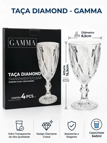 Kit 4 Taças Diamond Transparente 340ml Calma - Taça Vidro Lapidado Vinho Água