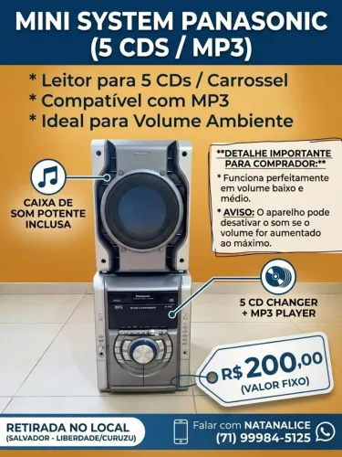 ?Mini System Panasonic MP3 com Carrossel para 5 CDs e Caixa de Som.