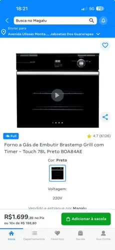 Forno a Gás de Embutir Brastemp Grill com Timer - Touch 78L Preto BOA84AE
