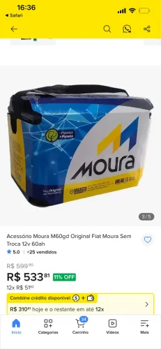 BATERIA 60AH MOURA 1 ANO DE USO NUNCA DESCARREGOU - USADA COMO BATERIA AUXILIAR