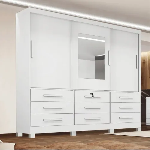 Guarda-Roupa Firenze 1,80 m com Espelho e 3 Portas de Correr
