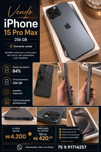 iPhone 15 Pro Max 256GB Preto | Excelente Estado | Bateria 85%
