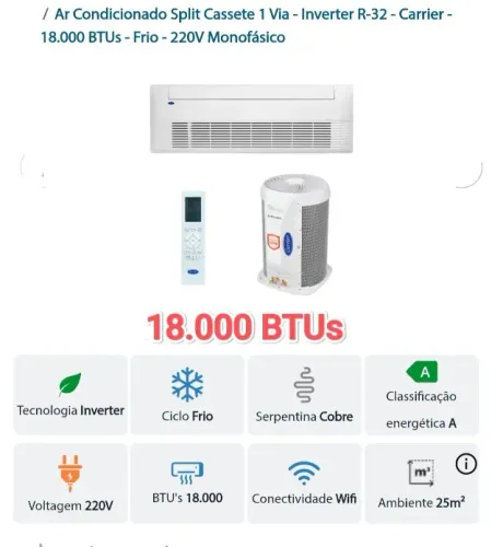 Ar Split Cassete Carrier 1 Via INVERTER 18000 BTUs + Novo + Nota + Garantia + Cartão 12x!