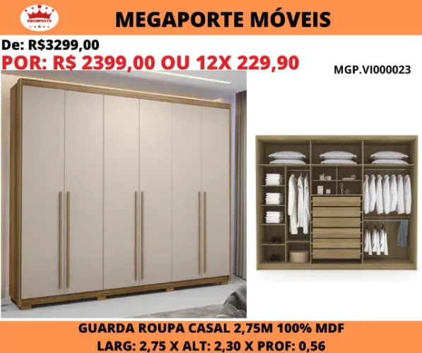 Guarda Roupa Casal 2,75m com 6 Portas 6 Gavetas MDF