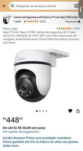 Tapo C510W Câmera de Segurança Wi-Fi Externa 360º 1080p Full Color 2K