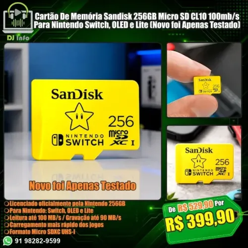 Cartão De Memória Sandisk 256GB Micro SD CL10 100mb/s Nintendo Switch, OLED e Lite