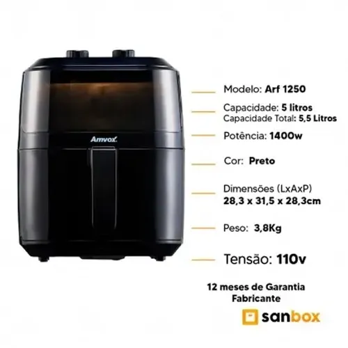 Amvox Fritadeira Elétrica Air Fryer ARF 1250 110V com 5,5L e 1400W