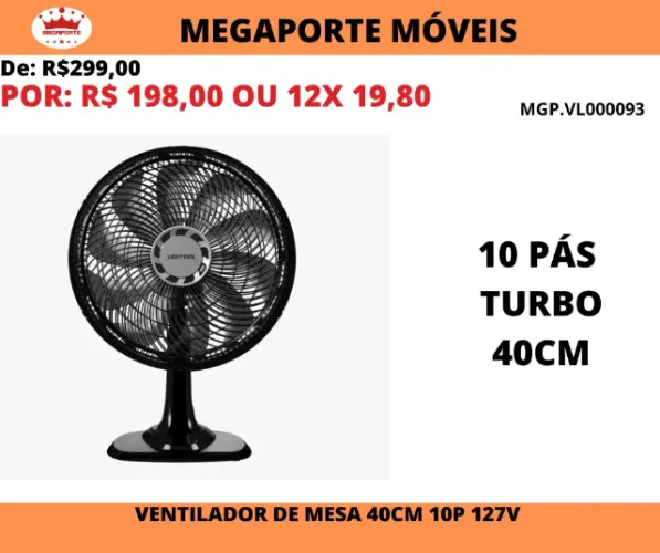Ventilador de Mesa Turbo 10P 40cm Ventisol 127V 150W