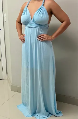 vestido longo de festa azul várias amarrações