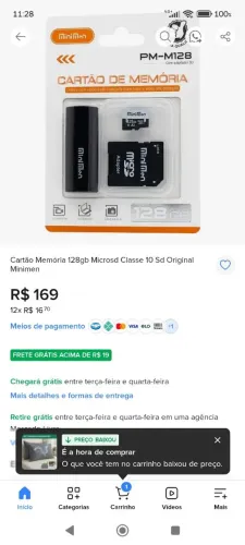 Câmera veicular com cartão de 128GB