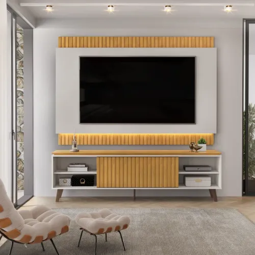 Rack com painel ripado e led p/TV até 75 pol