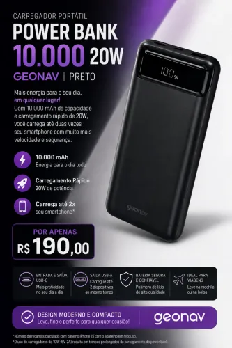 Carregador Portátil Power Bank Geonav 10.000mAh 20W Preto