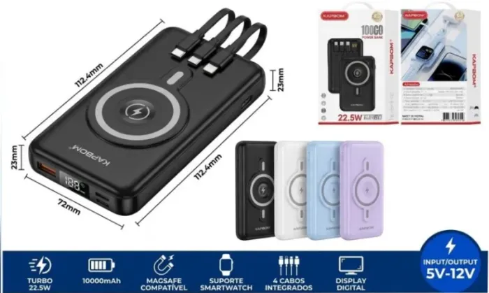 CARREGADOR PORTATIL 10000 mAh MAGNETICO COM CABOS 22.5W