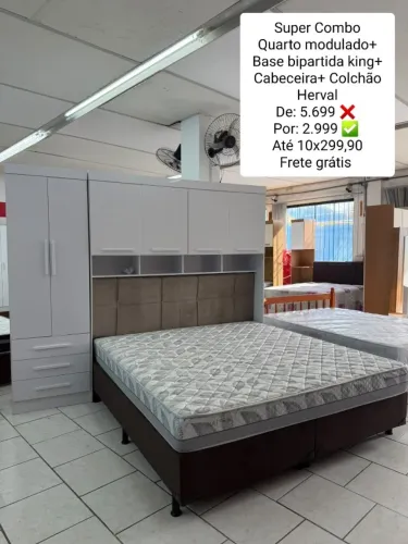 SUPER COMBO QUARTO MODULADO + BASE BIPARTIDA KING + CABECEIRA + COLCHÃO HERVAL