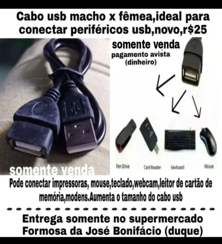 Cabo usb macho x fêmea conecta periféricos ao PC novo r$25