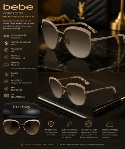 Óculos de sol BEBE Metal Round w/ Top Brow - Elegância que Chama Atenção