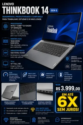 Lenovo ThinkBook i5 13ª Geração | 16GB DDR5 | SSD NVMe 512GB