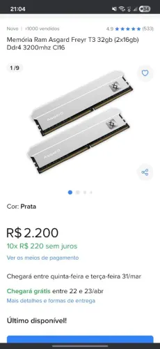 Memórias ram asgard 16 gb cada