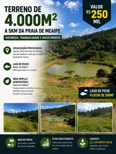 Terreno 4.000m² com Lago de Peixes - 5km da Praia de Meaípe