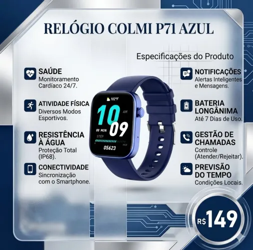Smartwatch Xiaomi Colmi P81 Azul (Original e Lacrado)