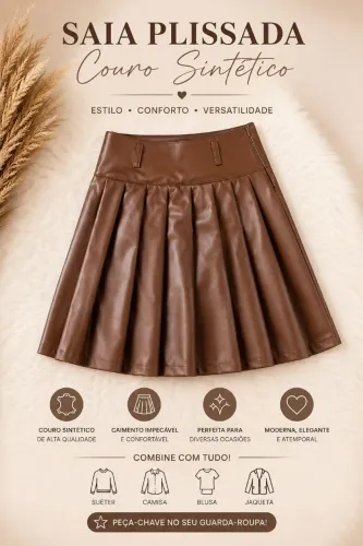 Short Saia Plissado Couro Sintético