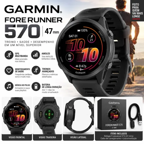Relógio Garmin Forerunner 570 47mm Cinza Ardósia e Translúcido Preto