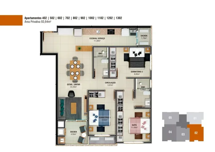 Apartamento de 3 quartos (1 suíte), 93 m² no Pagani