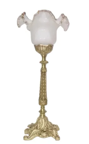 abajur vidro opalina borda rosa em bronze