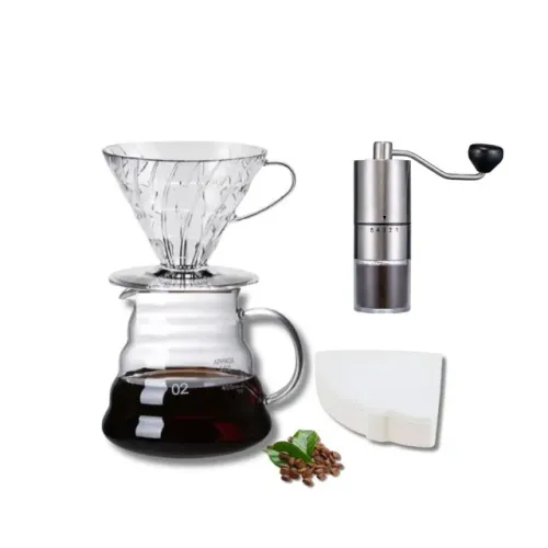 Conjunto V60 02 Jarra 600 ml e Porta Filtro Acrílico Moedor 50 Filtros