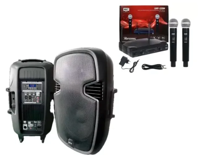 Kit Mxt para Igreja - 01 Caixa de Som Alto Falante de 15, Microfone Duplo Sem Fio