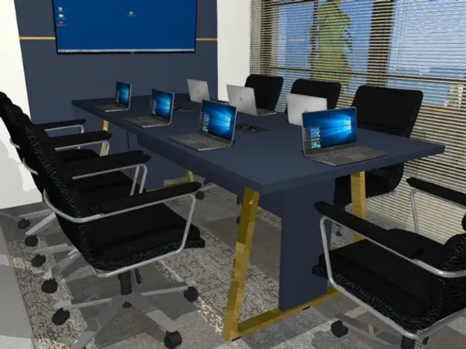 Mesa de Reunião Trapeze Wood. Com Painel e Cxs. de Tomadas. L272cm x P130cm x A74cm