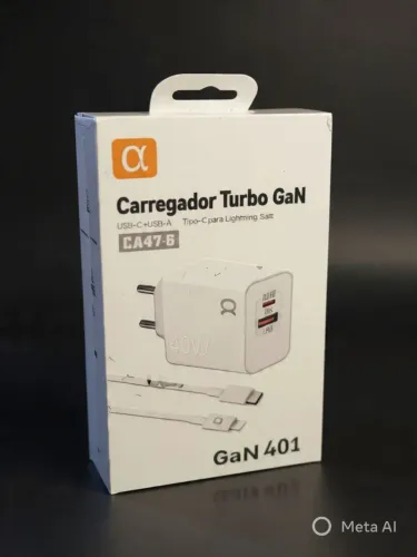 Carregador Turbo GaN 40W USB-C + USB-A PD/QC com Cabo Tipo-C para Lightning