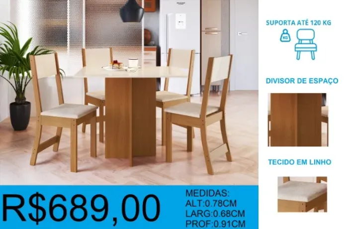 MESA - 4 CADEIRAS - COMPACTA - COMPRE HOJE E RECEBA EM ATÉ 72 HORAS