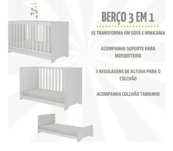 Berço Americano 3 em 1 (mini-cama) com colchão