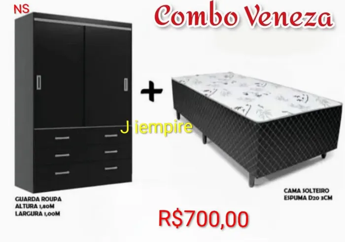 Guarda roupa Veneza com portas de correr e cama box solteiro Espuma D 20