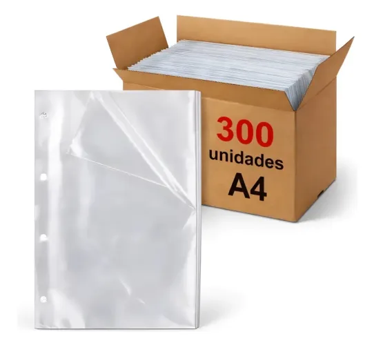 300 Envelope Plástico A4 4 Furos Saco Reforçado Transparente