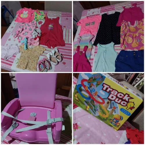 Cadeirinha de alimentação+brinquedo divertido de patinhos+roupinhas de bebê menina.