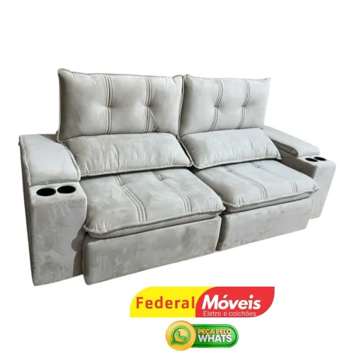 Sofá Retrátil em Promoção 2,25m Veludo Porta Copos nos Braços - Fazemos Entregas