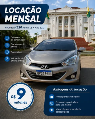 Aluga-se veículo - Hyundai HB20 Hatch, 1.6, R$9 mil mensal