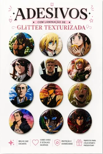 Kit 12 adesivos Attack on Titan texturizado com Glitter
