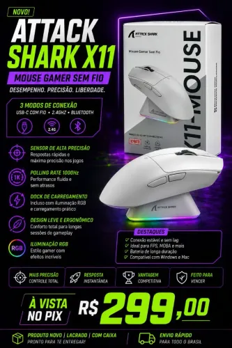 Mouse Gamer Attack Shark X11 Sem Fio 3 Modos + Dock RGB - Novo