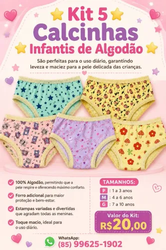 Kit 5 Calcinhas Infantis de Algodão