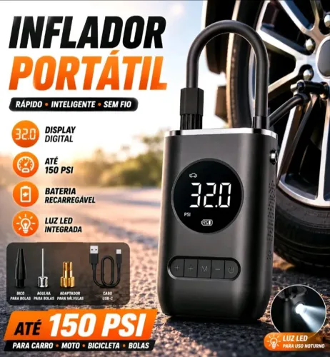 Compressor de Ar Portátil Recarregável Sem Fio Inflador de Pneus Carro Moto Bike