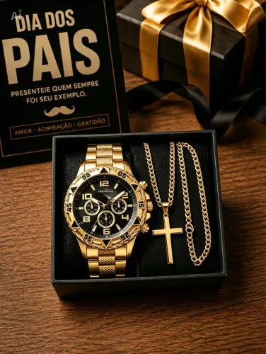 KIT ESPECIAL DIA DOS PAIS - RELÓGIO + CORRENTE + PULSEIRA