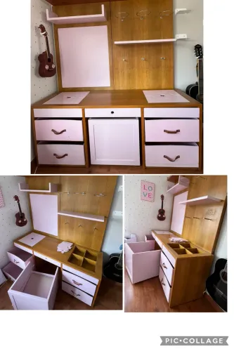 ? Bancada Kids Casapronta ? 3 em 1: escrivaninha, painel com prateleiras e cadeira / baú