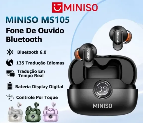 Fone Sem Fio MINISO MS105 ? Tradução IA 134 Idiomas, IPX5, 72h Bateria, Novo - Preto