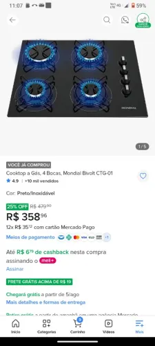 Fogão Cooktop mundial bivolt