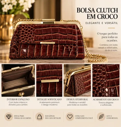 Bolsa carteira croco marrom avermelhado e detalhes dourada 