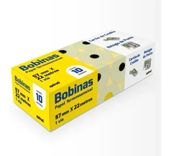 Caixa com 8 Bobinas papel termossensível 57mmx22m 1via Relógio de Ponto