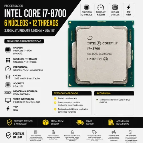 Processador Intel Core i7-8700 6 Núcleos 12 Threads LGA1151 BX80684I78700 - Testado - NF